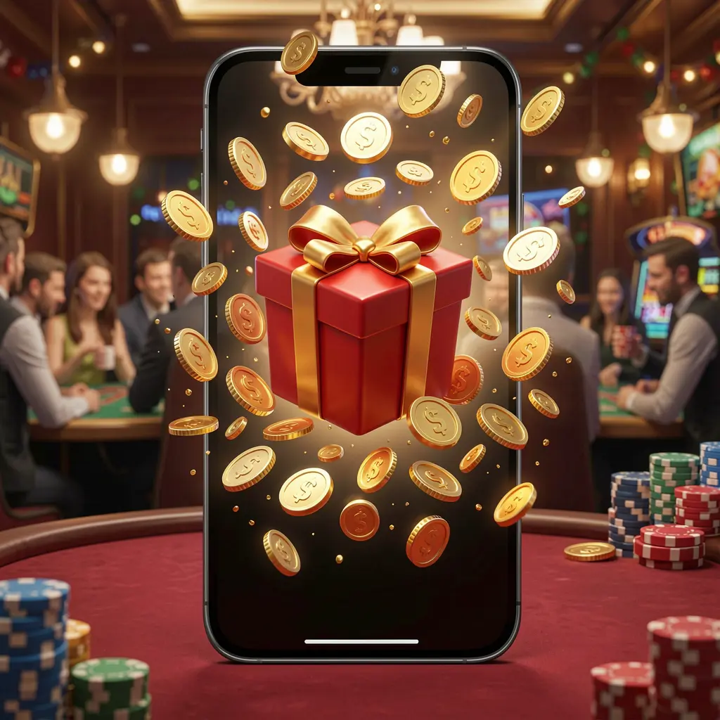 PK345 mobile casino bonus app concept showing a phone screen with a gift box and coins bursting out in a festive casino atmosphere PK345 mobile casino bonus app concept showing a phone screen with a gift box and coins bursting out in a festive casino atmosphere