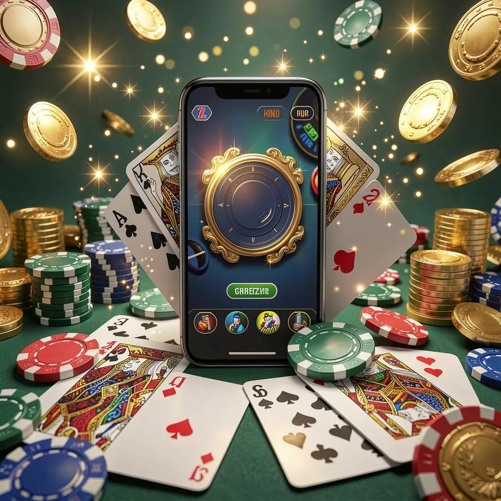 PK345 mobile gaming application concept showing a smartphone surrounded by playing cards, roulette chips, gold coins, and sparkling lights in a premium casino style PK345 mobile gaming application concept showing a smartphone surrounded by playing cards, roulette chips, gold coins, and sparkling lights in a premium casino style