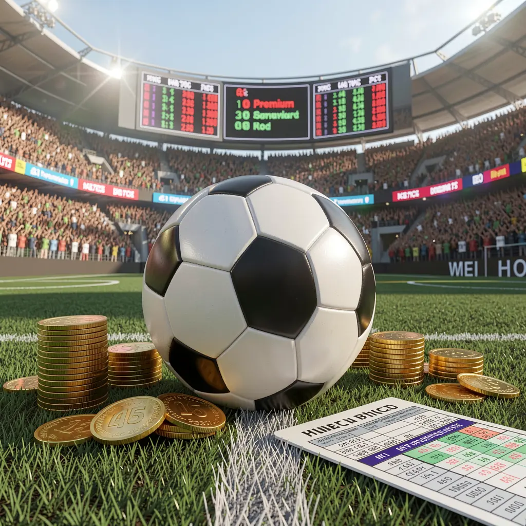 Realistic 3D render of a premium sports betting scene by PK345 featuring a football field with a stadium crowd, a soccer ball, golden coins, betting slip elements, and neon odds panels Realistic 3D render of a premium sports betting scene by PK345 featuring a football field with a stadium crowd, a soccer ball, golden coins, betting slip elements, and neon odds panels