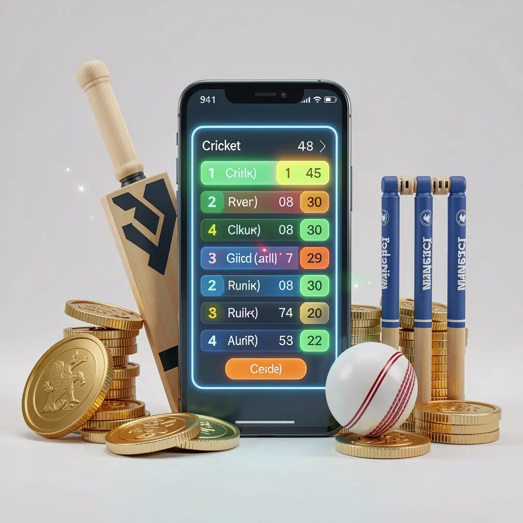 PK345 modern cricket betting visual featuring a smartphone displaying glowing cricket odds interface surrounded by a cricket bat, ball, wickets, and golden coins in a premium 3D illustration PK345 modern cricket betting visual featuring a smartphone displaying glowing cricket odds interface surrounded by a cricket bat, ball, wickets, and golden coins in a premium 3D illustration