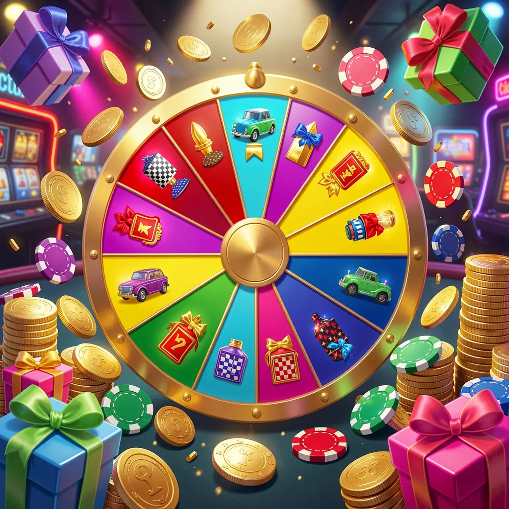 PK345 casino bonus wheel with colorful prize sections surrounded by golden coins, chips, and gift boxes under bright neon casino lights in a dynamic composition