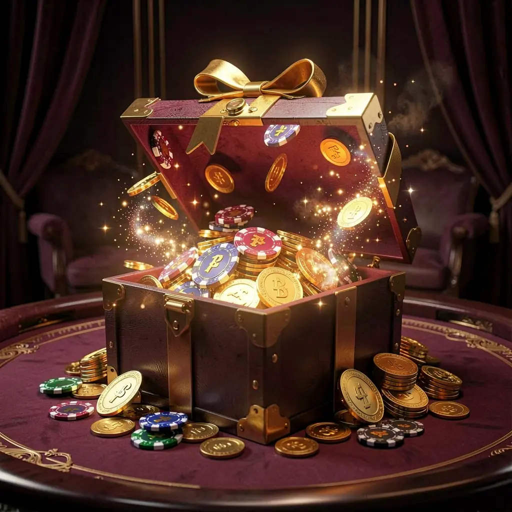 PK345 no deposit casino bonus concept featuring a glowing gift box filled with free casino chips and golden coins against a luxury dark background with magical sparkle effects creating an exciting reward atmosphere