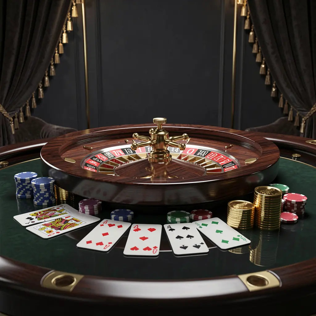 Realistic 3D illustration of a modern online casino scene featuring a roulette wheel, playing cards, poker chips, and golden coins on a glossy table with a dark luxury background, showcasing the PK345 brand experience