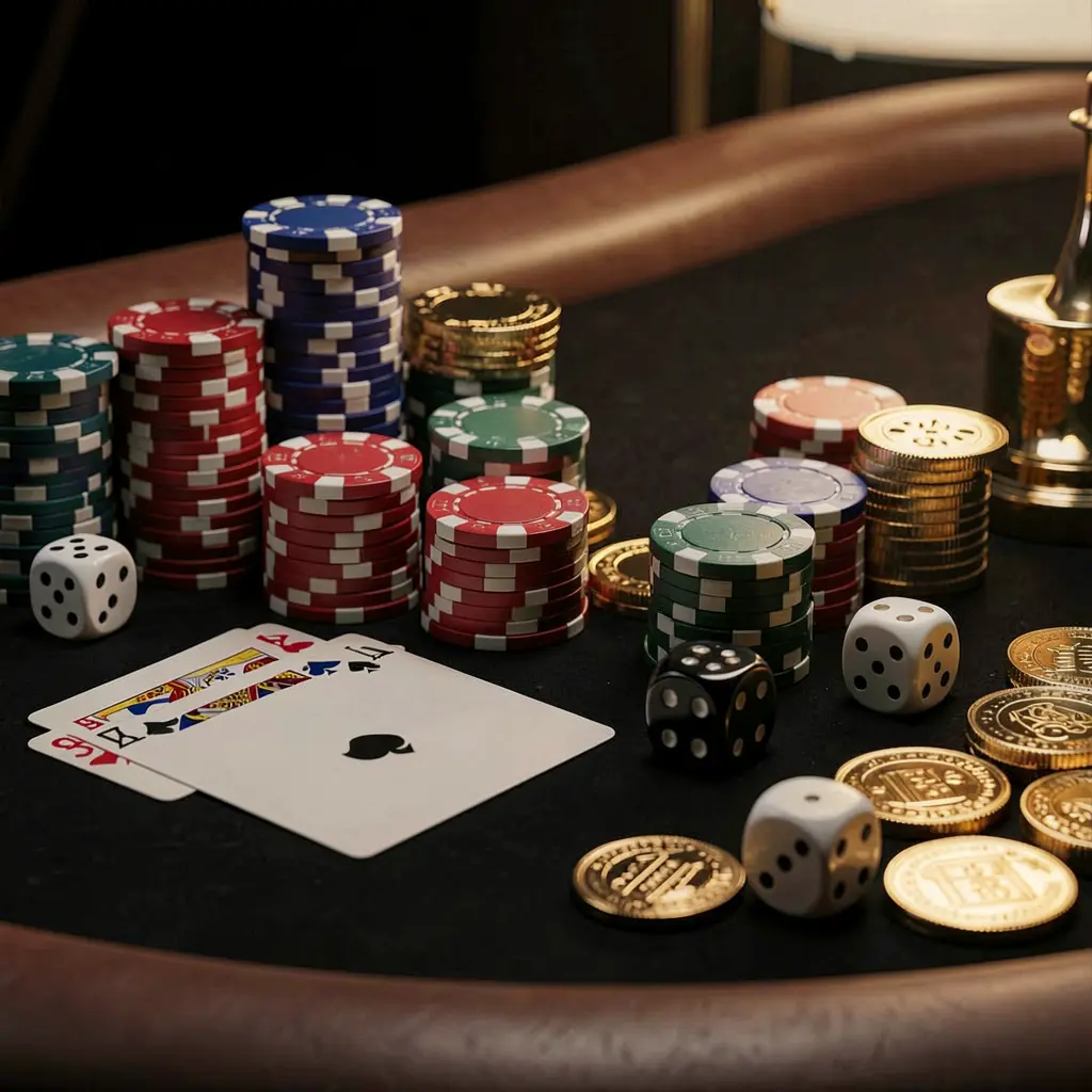 Close-up of an elegant PK345 casino table featuring poker chips, playing cards, dice, and gold coins under soft cinematic lighting against a luxury black background