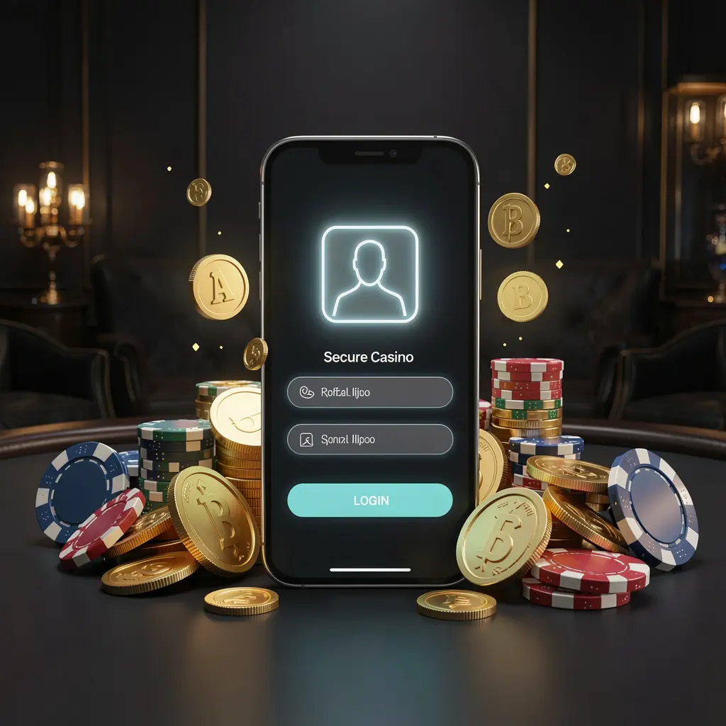 PK345 online casino login page hero banner showing a modern smartphone with a secure login screen, glowing user profile icon, golden coins and poker chips surrounding it on a dark luxury background PK345 online casino login page hero banner showing a modern smartphone with a secure login screen, glowing user profile icon, golden coins and poker chips surrounding it on a dark luxury background