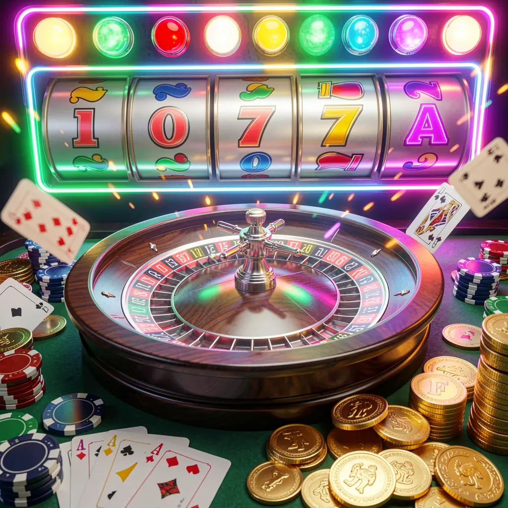 PK345 casino homepage visual featuring a realistic 3D render of a roulette wheel, poker chips, playing cards, golden coins, and bright neon jackpot lights in a dynamic composition PK345 casino homepage visual featuring a realistic 3D render of a roulette wheel, poker chips, playing cards, golden coins, and bright neon jackpot lights in a dynamic composition